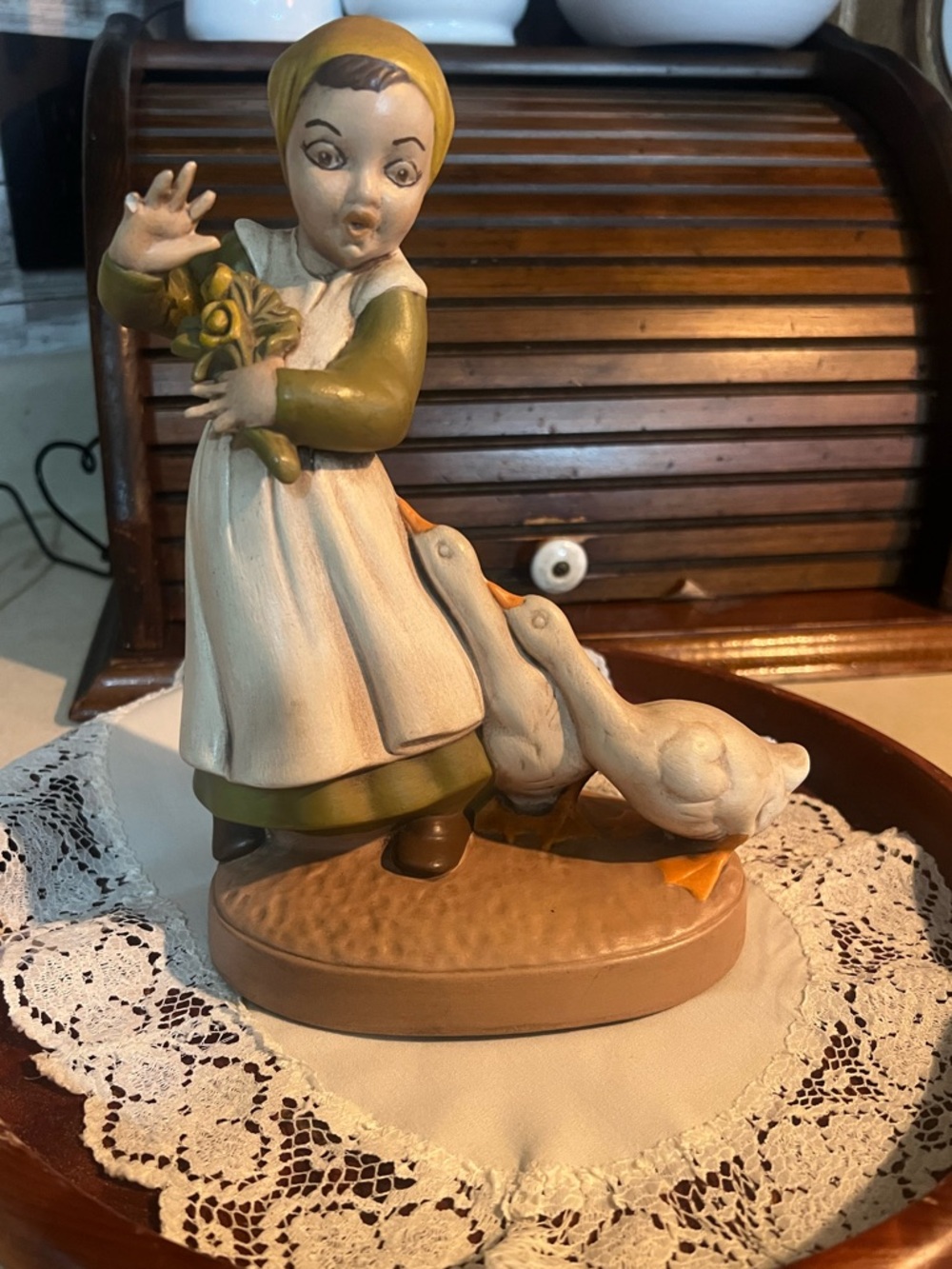 Vintage Holland Mold Painted Ceramic Figurine Girl With Geese